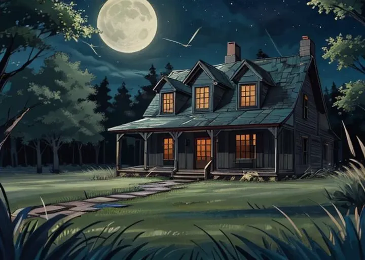 abandoned house, broken planks, moss, broken steps, unkempt yard, tall grass, weeds, terror,night,horror (theme),