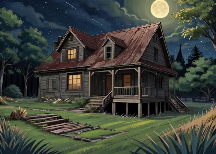 abandoned house, broken planks, moss, broken steps, unkempt yard, tall grass, weeds, terror,night,horror (theme),