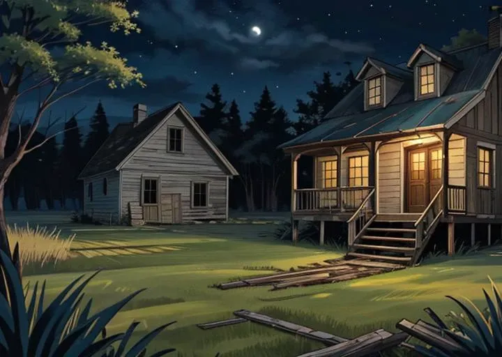 abandoned house, broken planks, moss, broken steps, unkempt yard, tall grass, weeds, terror,night,horror (theme),