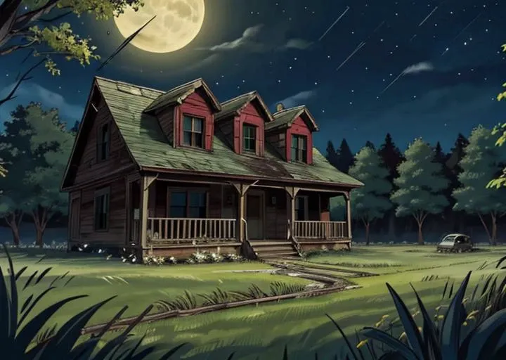 abandoned house, broken planks, moss, broken steps, unkempt yard, tall grass, weeds, terror,night,horror (theme),