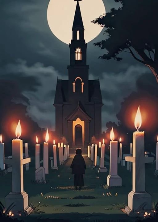 church, cemetery, fog, terror, graves, night, wax candles,horror (theme), fog,