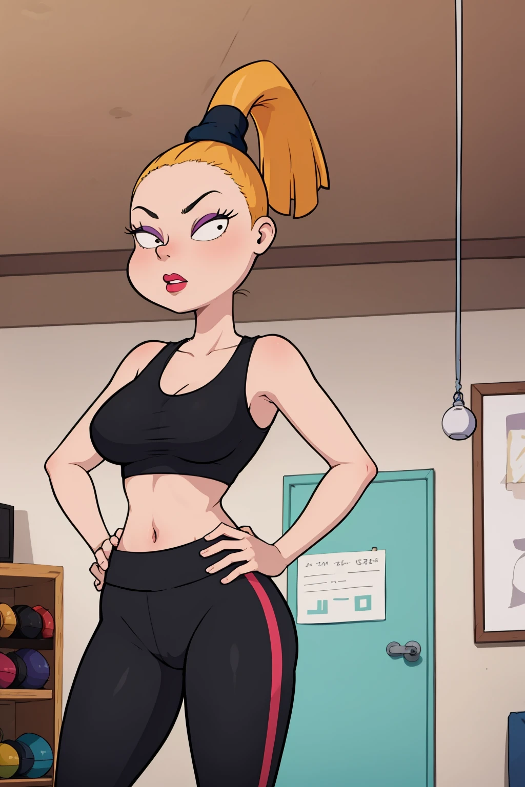 masterpiece, best quality, 1girl, charlottepickles, blonde hair, ponytail, makeup, tank top, yoga pants, standing, hands on hips, indoors, gym background <lora:CharlottePickles:1>