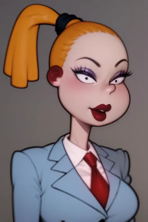 masterpiece, best quality, 1girl, charlottepickles, blonde hair, ponytail, makeup, lipstick, formal, red necktie, jacket, closeup, solid grey background <lora:CharlottePickles:1>