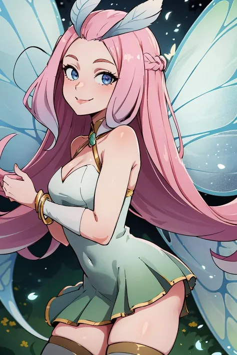 ((masterpiece,best quality)), absurdres,
<lora:Tasi_AFK_Anime:0.8>, Tasi_AFK, long pink hair, fairy, fairy wings, dress, thighhighs,   side view, 
solo, smiling, looking at viewer, cowboy shot, 
cinematic composition, dynamic pose, contrapposto,