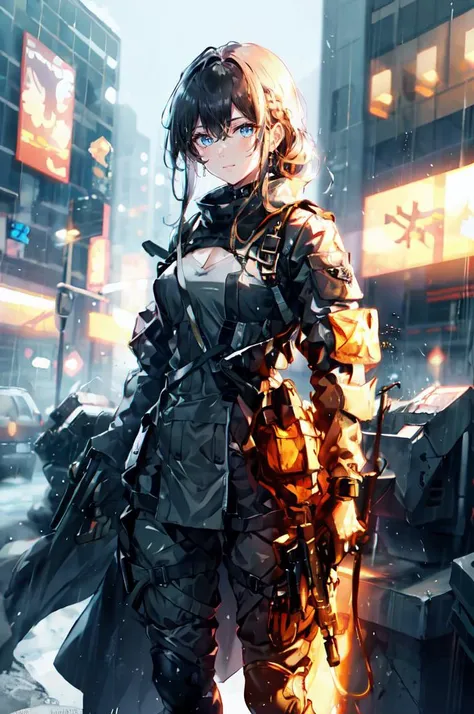 ultra detailed, masterpiece, best quality,
solo,
cowboy shot,
facing viewer,
soft smile, light smile,
1girl, blue eyes, very long hair, blonde hair, long blonde hair, french braid, bangs, medium breasts,
hair ribbon, frilled choker, criss-cross halter, sleeveless dress, high-waist skirt, backless dress, waist bow, detached sleeves, frilled sleeves, wide sleeves, pantyhose, patterned legwear, mary janes, <lora:BattlefieldStyle:0.8> bfstyle, rain, glowing eyes, holding weapon,(sparks:1.1), tactical clothes,