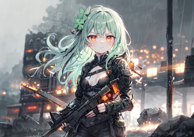 cowboy_shot,rain,<lora:BattlefieldStyle-000016:0.6>,bfstyle,glowing eyes,holding weapon,sparks,1girl,cute,kawaii,small breasts,green hair,orange eyes,clover hair ornament,long hair,disheveled hair,messy hair,battlefield,frown,shaded_face,sulking,glaring,kubrick_stare,