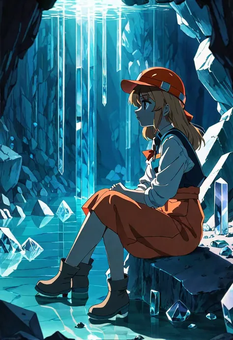 anime screencap, thick outline, girl sitting next to a crystals mine submerged in clear water in bad ragged miner clothes, sad mood, stylized 80's anime, 1980s style, (cinematic depth of field effect)