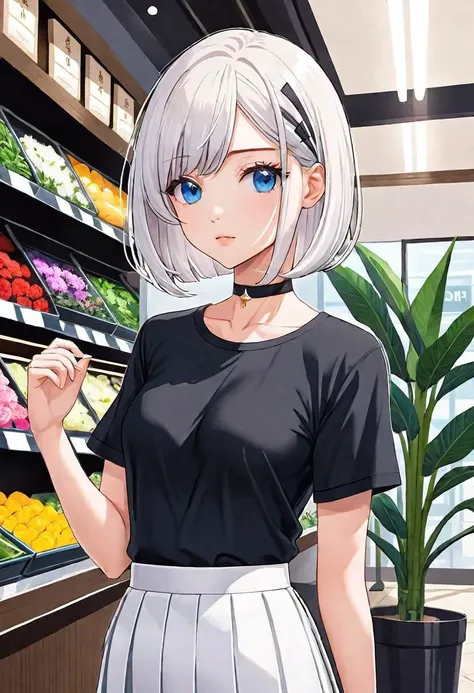 illustration, flower shop, 1girl, solo, looking away, white hair, bob cut, slanted blue eyes, black choker, small breasts, black T-shirt with logo, white pleated long skirt,