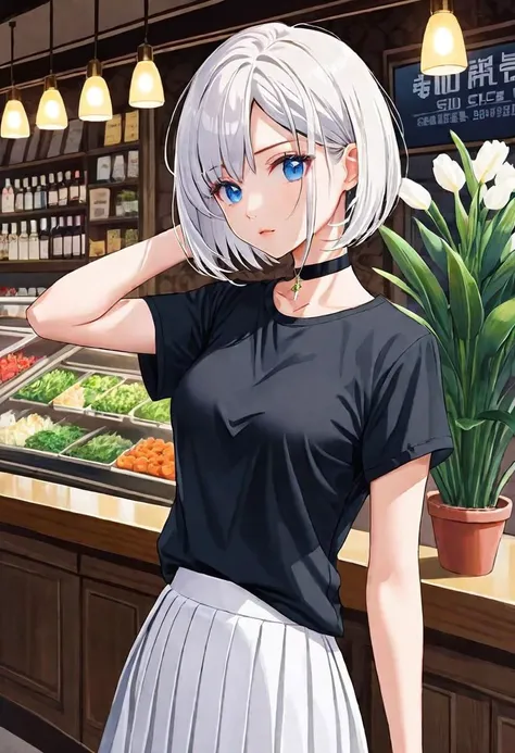 illustration, sold out flower shop, 1girl, solo, looking away, white hair, bob cut, slanted blue eyes, black choker, small breasts, black T-shirt with logo, white pleated long skirt,