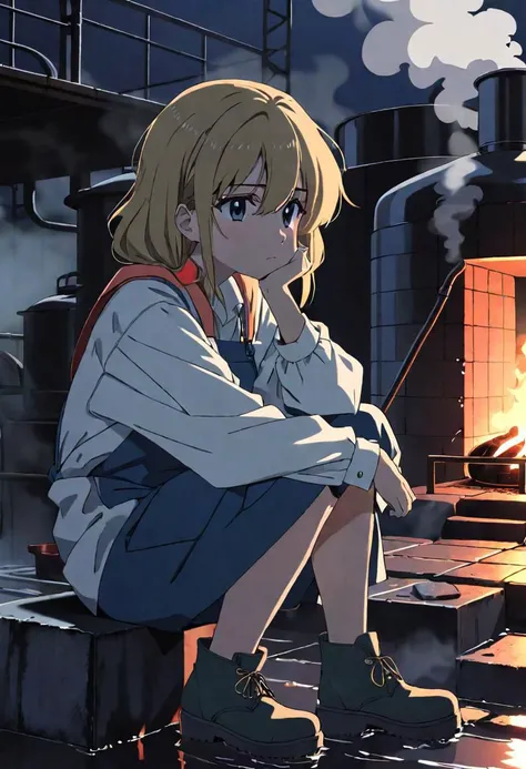 anime screencap, thick outline, girl sitting next to a black coal oven rushed and in water in bad ragged work clothes, sad mood, foggy breath with steam and fog in the background, stylized 80's anime, 1980s style, (cinematic depth of field effect)
