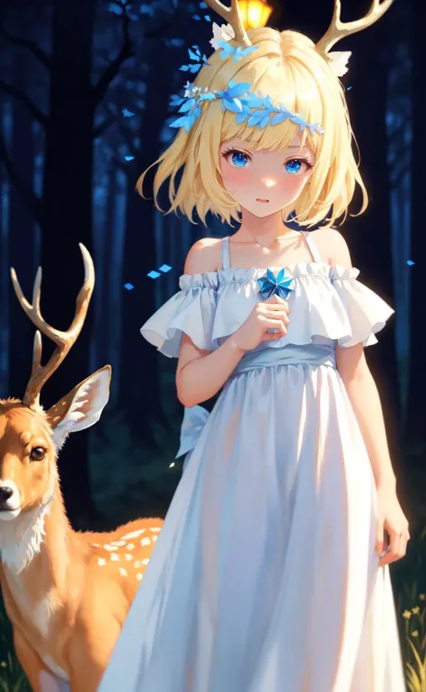 oil painting, cirno girl with deer antlers, blonde, standing and wearing a white gown, bare shoulders, blush, delicate decorations, comic artist, [wlop:watercolor::mean], glowing, depth of field, chromatic aberration, dark night, depth of field, digital art with [3D::0.4] depth and depth of field, [bleak horror:[anime:sketch:concept art::mean]:,0.5]