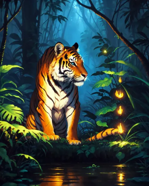oil painting by nixeu, (pixar girl, huntress in a jungle, tiger:0.9), delicate decorations, comic artist, [wlop:watercolor::mean], glowing, depth of field, chromatic aberration, dark night, depth of field, digital art with [3D::0.4] depth and depth of field, [bleak horror:[anime:sketch:concept art::mean]:,0.5]