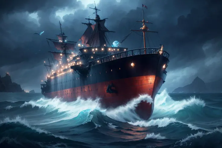 epic fantasy oil painting by nixeu, pixar, (ship at sea during a storm and waves, whale:0.9), delicate decorations, comic artist, [wlop:watercolor::mean], depth of field, chromatic aberration, dark night, depth of field, digital art with [3D::0.4] depth and depth of field, [bleak horror:[anime:sketch:concept art::mean]:,0.5]