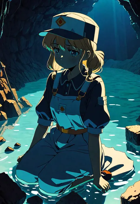 anime screencap, thick outline, girl sitting next to a gold mine submerged in clear water in bad ragged miner clothes, sad mood, stylized 80's anime, 1980s style, (cinematic depth of field effect)