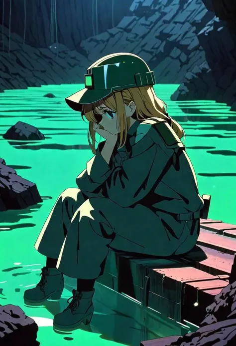 anime screencap, thick outline, girl sitting next to a black coal mine submerged in green water in bad ragged miner clothes, sad mood, stylized 80's anime, 1980s style, (cinematic depth of field effect)