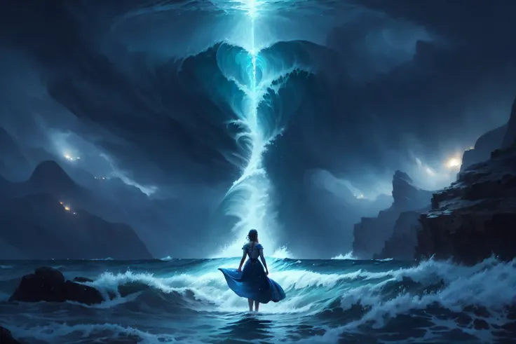 oil painting by nixeu, pixar, (handsome water goddess, standing in the sea during a storm and waves:0.9), delicate decorations, comic artist, [wlop:watercolor::mean], depth of field, chromatic aberration, dark night, depth of field, digital art with [3D::0.4] depth and depth of field, [bleak horror:[anime:sketch:concept art::mean]:,0.5]