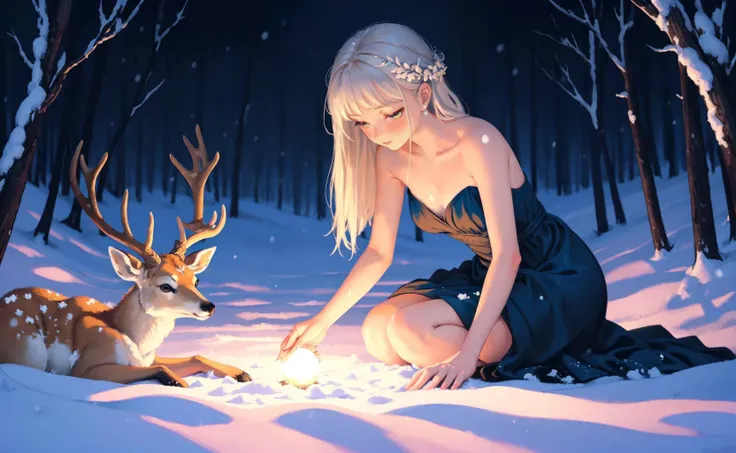 oil painting, girl and a deer, cirno girl wearing a thin gown, bare shoulders, blush, sitting in the snow, delicate decorations, comic artist, [wlop:watercolor::mean], glowing, depth of field, chromatic aberration, dark night, depth of field, digital art with [3D::0.4] depth and depth of field, [bleak horror:[anime:sketch:concept art::mean]:,0.5], from behind