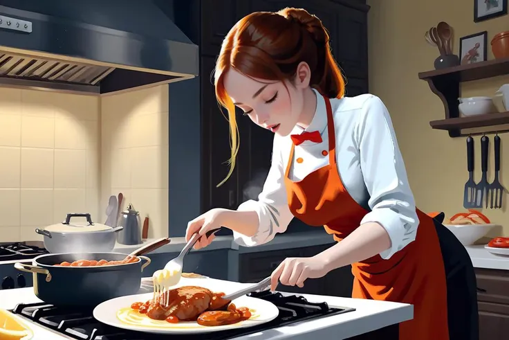 detailed professional digital art, wallpaper art, elegant woman cooking a delicious meal, oil painting style, (depth of field), soft artstyle, [by antifreeze3:by wlop:,2.0]