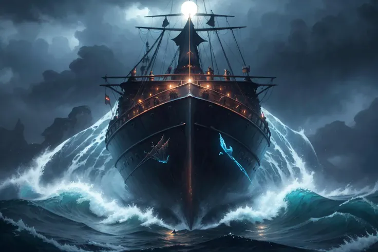 epic fantasy oil painting by nixeu, pixar, (ship at sea during a storm and waves, whale:0.9), delicate decorations, comic artist, [wlop:watercolor::mean], depth of field, chromatic aberration, dark night, depth of field, digital art with [3D::0.4] depth and depth of field, [bleak horror:[anime:sketch:concept art::mean]:,0.5]