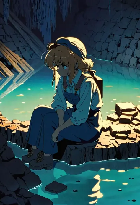 anime screencap, thick outline, girl sitting next to a gold mine submerged in clear water in bad ragged miner clothes, sad mood, stylized 80's anime, 1980s style, (cinematic depth of field effect)