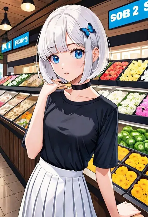illustration, flower shop, 1girl, solo, looking away, white hair, bob cut, slanted blue eyes, black choker, small breasts, black T-shirt with logo, white pleated long skirt,