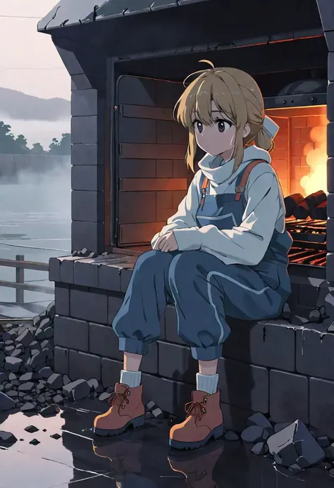 anime screencap, thick outline, girl sitting next to a black coal oven rushed and in water in bad ragged work clothes, sad mood, foggy breath with steam and fog in the background, stylized 80's anime, 1980s style, (cinematic depth of field effect)