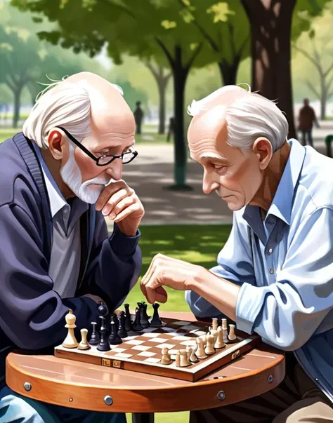 [oil painting:RAW photo:1,2:mean] of two old men playing chess in a park