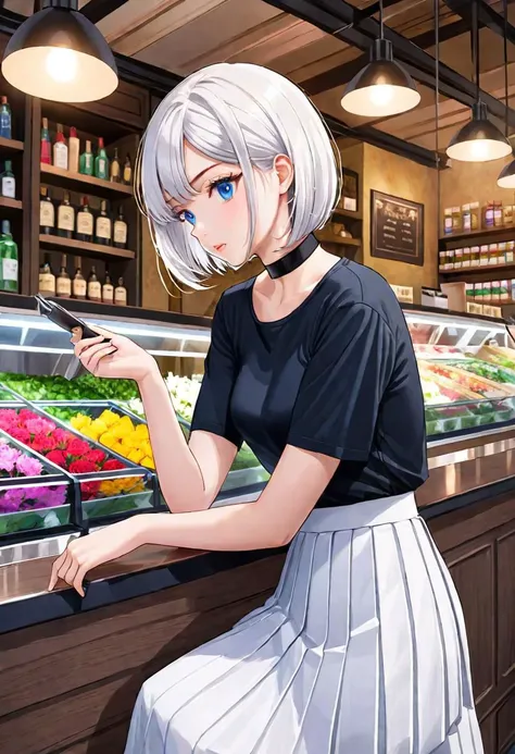 illustration, flower shop, 1girl, solo, looking away, white hair, bob cut, slanted blue eyes, black choker, small breasts, black T-shirt with logo, white pleated long skirt,