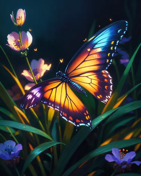 oil painting by nixeu, (pixar butterfly girl, flowers:0.9), delicate decorations, comic artist, [wlop:watercolor::mean], glowing, depth of field, chromatic aberration, dark night, depth of field, digital art with [3D::0.4] depth and depth of field, [bleak horror:[anime:sketch:concept art::mean]:,0.5]