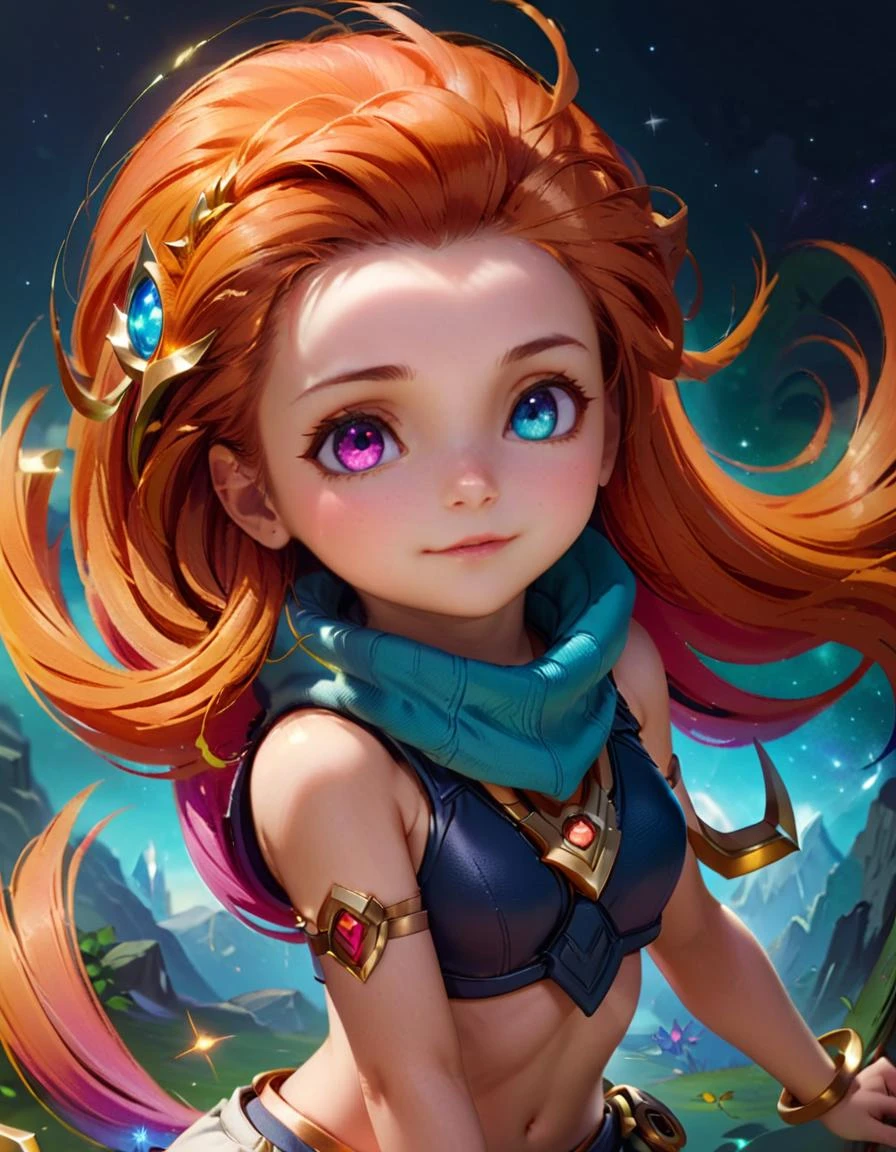 Adorable 3D Character 1girl zoe, (heterochromia), long multi colored hair, league of legends, Establishing shot, Wide Shot,
<lora:LolZoeXL:0.9> <lora:xl_more_art-full_v1:0.4>, ZIP2D , 3D render, adorable character, 3D art