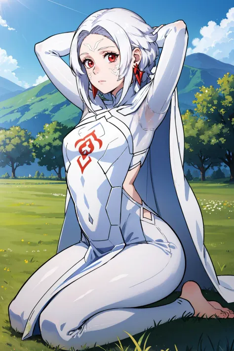 masterpiece, best quality, <lora:arval-nvwls-v1-000009:0.9> arval, white hair, pale skin, facial mark, earrings, white cape, white robe, long sleeves, looking at viewer, expressionless, blue sky, seiza, arms behind head, field, barefoot