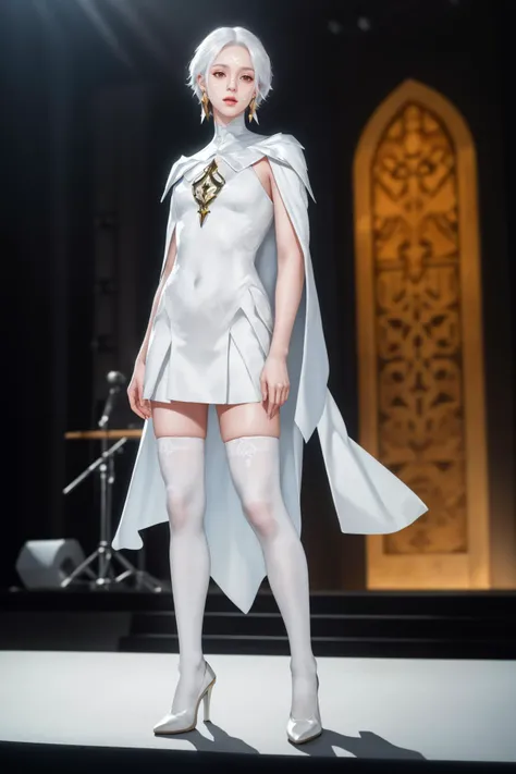 8k,highres,absurdres,masterpiece,best quality,original,extremely detailed CG,extremely detailed wallpaper,perfect lighting,<lyco:GoodHands-beta2:1>,
1girl,solo,blurry_background,looking_at_viewer,standing on the stage,
<lora:arval-nvwls-v1:0.7>,arval,white hair,pale skin,facial mark,earrings,white cape,white robe,long sleeves,thighhighs,