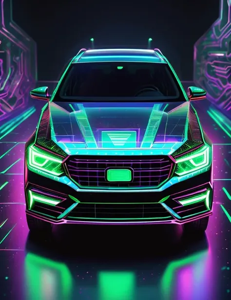 ((best quality)), ((masterpiece)), ((realistic,digital art)), (hyper detailed),holographic hologram DonMCyb3rSp4c3 Boring Vehicle (Total Recall), Bifocal Windows, Trunk Light, Graphics Decals, Copper, Xeno, Chiseled Surface,,<lora:DonMCyb3rSp4c3-000010:1>