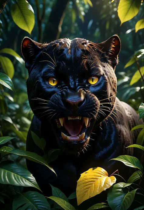 (cinematic lighting, extremely detailed, high detail, hires textures, incredibly detailed, intricate details, masterpiece, photorealism, true masterpiece, Intricately designed, night:1.6 dark:1.6), (jungle, lush plants), (black panther, hiding in leaves, glowing yellow eyes, open mouth, fangs:1.6, angry, drool)