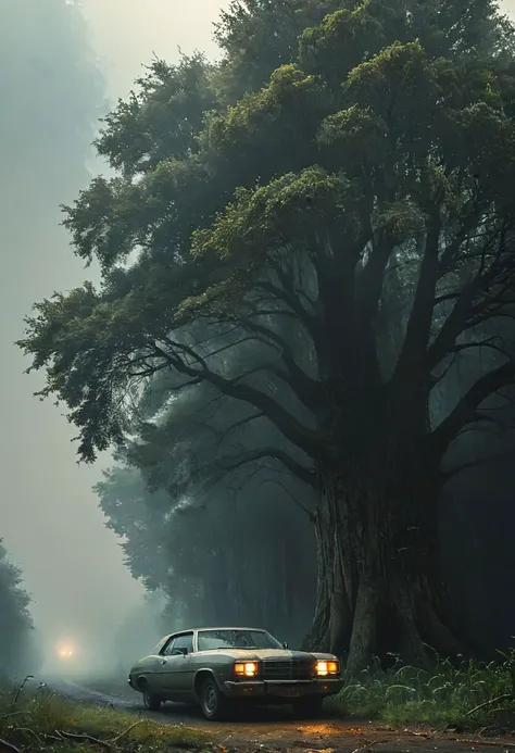 amazing quality, masterpiece, best quality, hyper detailed, ultra detailed, UHD, perfect anatomy, portrait, dof, hyper-realism, majestic, awesome, inspiring, Bosstyle, Capture the surreal sight of a trailer hosting a towering, shade-bearing tree with branches extending over the car below. Showcase the unique blend of transportation and nature in this remarkable scene., atmospheric haze, cinematic composition, soft shadows, national geographic style