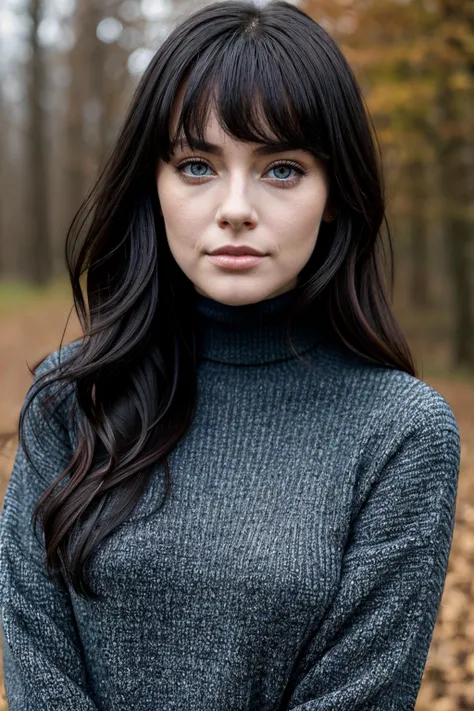 1girl, beautiful face, cute, beautiful woman, upper body, portrait, black_hair, wavy hair, blue_eyes, black_turtleneck_sweater, depth of field, outdoors, perfect face,looking at viewer, face focus, torso