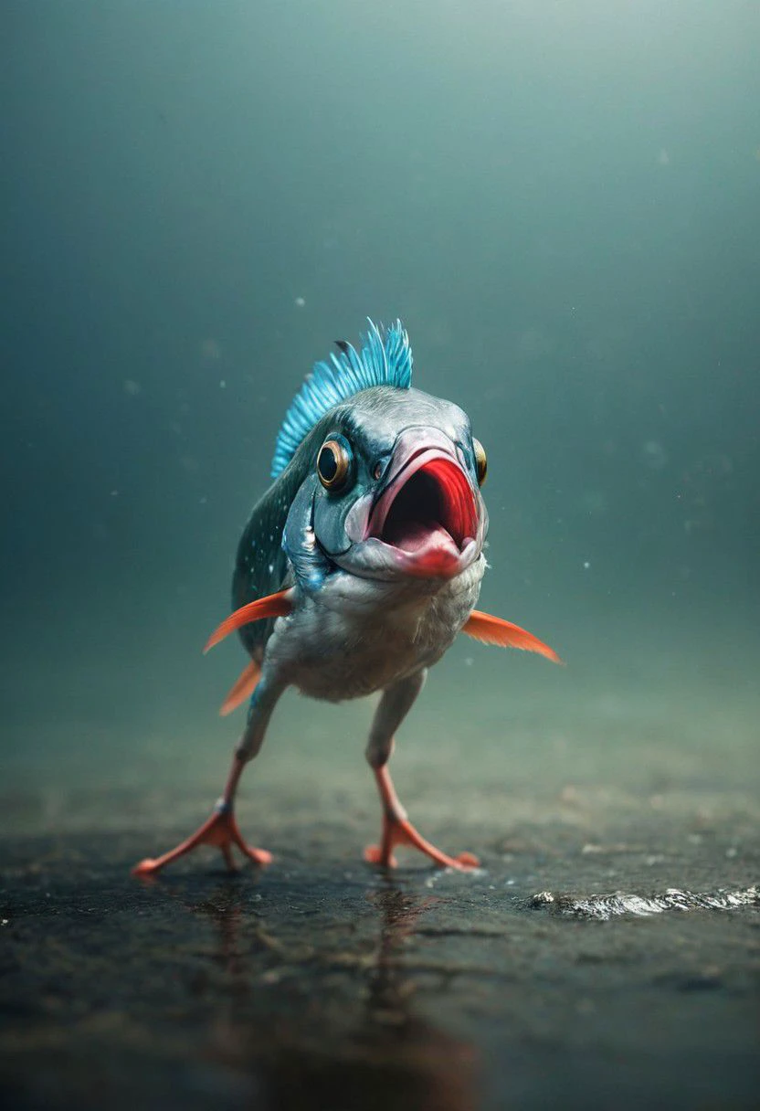 Young common kingfisher, Large fluffy angry abyss with large eyes and bloody teeth behind ready to Attack, artsy oarfish in His mouth,
atmospheric haze, Film grain, cinematic film still, shallow depth of field, highly detailed, high budget, cinemascope, moody, epic, OverallDetail, gorgeous, 2000s vintage RAW photo, photorealistic, candid camera, color graded cinematic, eye catchlights, atmospheric lighting, skin pores, imperfections, natural, shallow dof