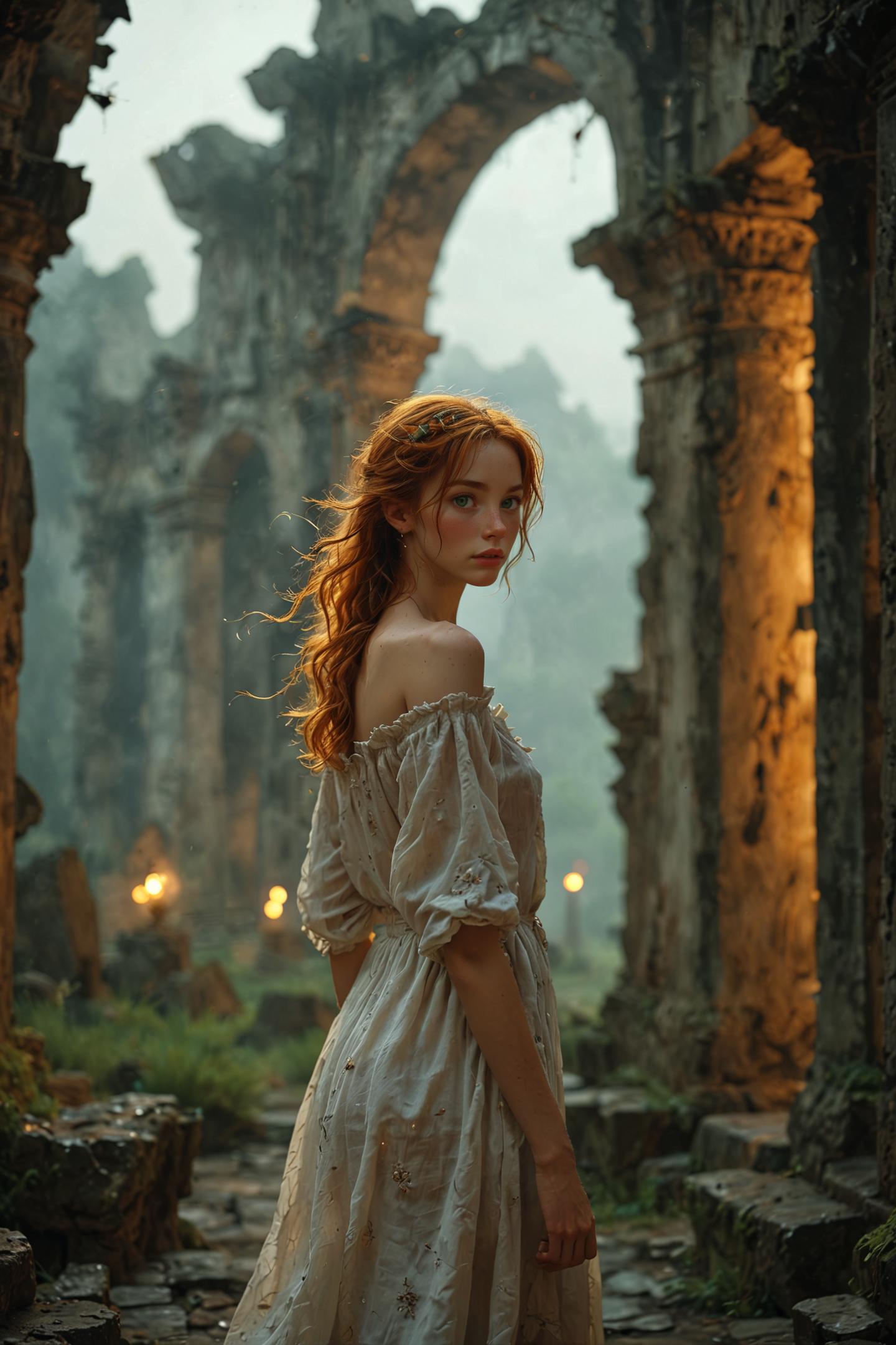 A woman in a white dress standing in an old building - SeaArt AI