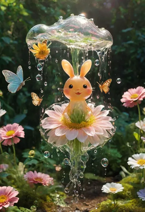 Envision a whimsical fantasy world where a colossal, cute, blushed, and irresistibly translucent transparent ethereal very Happy Summer flowers and sunlight slime takes center stage. Picture the slime with a mischievous charm, its surface reflecting a soft glow. Amidst its translucent body, an unexpected sight catches the eye  Butterflies suspended within its stomach. This charming and slightly perplexing scene invites you to explore the magical and endearing mysteries of this fantastical realm, where even the most mundane objects take on a delightful and surreal twist within the embrace of the giant, lovable slime.
very detailed, hd, RAW photograph, masterpiece, top quality, best quality, official art,highest detailed, atmospheric lighting, cinematic composition, complex multiple subjects, 4k HDR, vibrant, highly detailed, Leica Q2 with Summilux 35mm f/1.2 ASPH, Ultra High Resolution, wallpaper, 8K, Rich texture details, hyper detailed, detailed eyes, detailed background, dramatic angle, epic composition, high quality , (8k, RAW photo, highest quality), hyperrealistic,