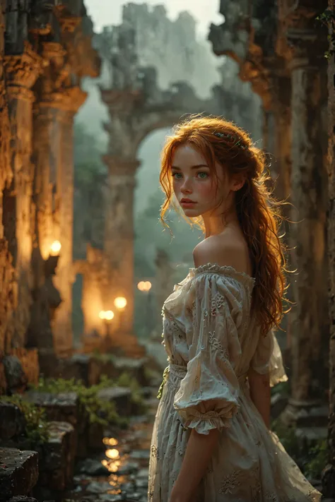(Ultra Realistic:1.0),32k,(Masterpiece:1.0),(High Detailed Skin:1.0),( High Quality:1.0),
(Detailed Realistic Background:1.3),
(Official Art, Beautiful and Aesthetic:1.2),
(Realistic Lighting:1.0),
(cute, petite:1.0),
(Slender:1.0),1girl,Ginger hair, green eyes,
(sfw:1.0),
She's walking through the torchlit Ancient ruins, a dense fog fills the ruins ,
Sadness,
by Elliott Erwitt,
<lora:MJ52:0.8>