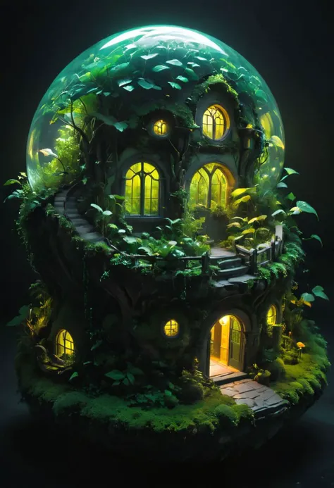 Inspired By tolkien, neon modern transparent hobbit house floating island, amazing quality, masterpiece, best quality, hyper detailed, ultra detailed, UHD, dof, hyper-realism, majestic, awesome, inspiring, a small floating Island: Capture the breathtaking expanse of an immense floating island adorned with transparent translucent Glass foliage, its vines cascading down to the ground below. Rising majestically from the lush glass jungle that envelops an enchanted translucent green round design plastic mansion Adorned with a large Observation Installation. A translucent Fantasy prison designed By franco fontana, transcending into the black ethereal clouds. Infront of a colorful mystical translucent black eerie Galaxy nebula, cinematic composition, soft shadows, national geographic style, cozy light, cinematic lighting, volumetric lighting, Film grain, cinematic film still, shallow depth of field, highly detailed