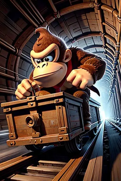 masterpiece, best quality, 1boy, dkong, necktie,1boy,monkey, brown fur, furry, driving in box-shaped minecar,driving through a narrow dark underground tunnel in a dungeon,rusty,iron,box-shaped minecar,in box,railroad tracks,speed lines,dark background,floating hair,wind