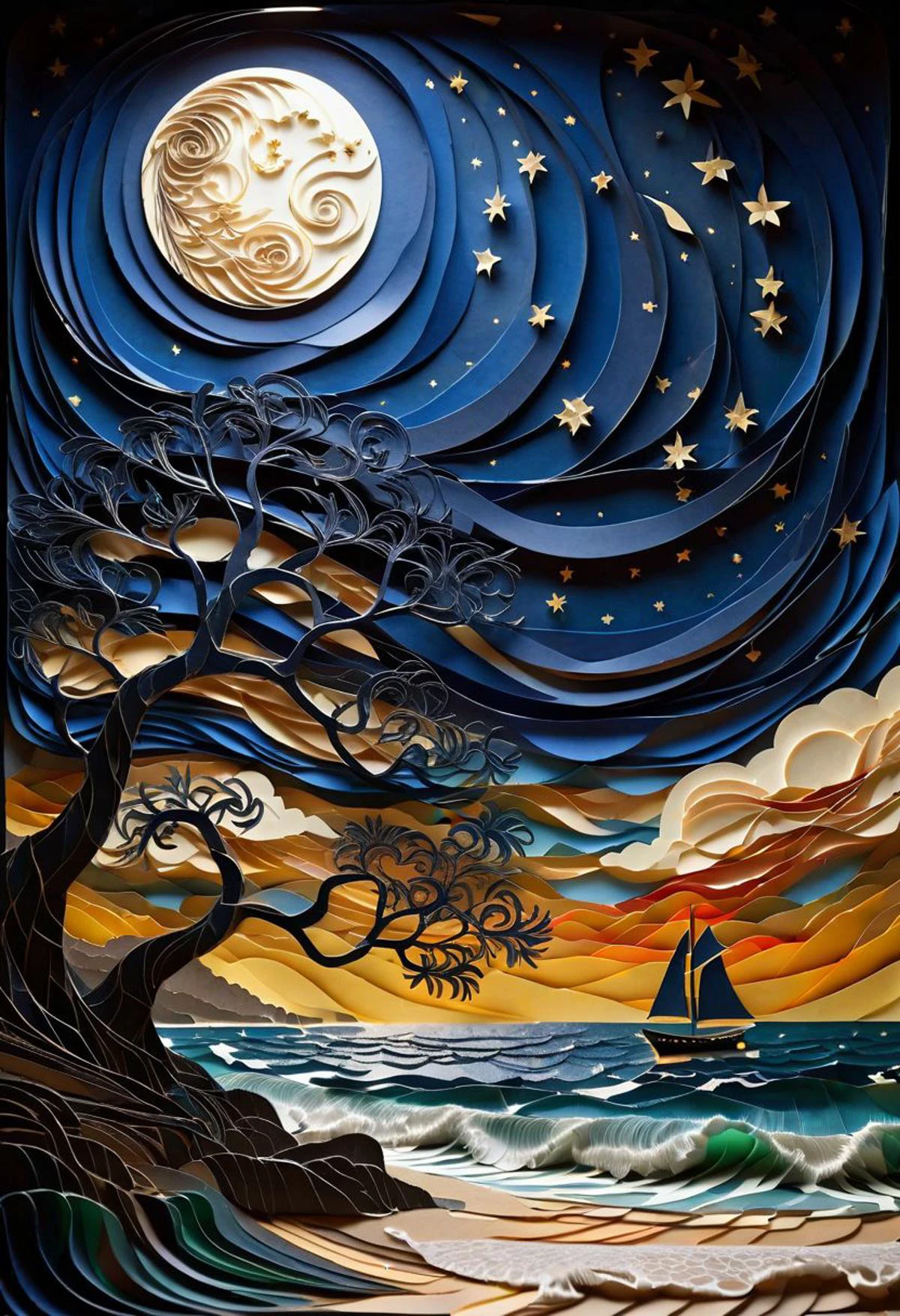 (ultra high res:1.4), (masterpiece:1.4), (beautiful lighting:1.4) Serene night scene with paper-cut art depicting a starry sky, moonlit waves, and an old tree by the sea, with a sailboat in the distance. Golden swirls adorn the sky, enhancing the mystical atmosphere. Oriental style, high contrast, intricate details. Dark blue background, cinematic lighting, dreamy ambiance.