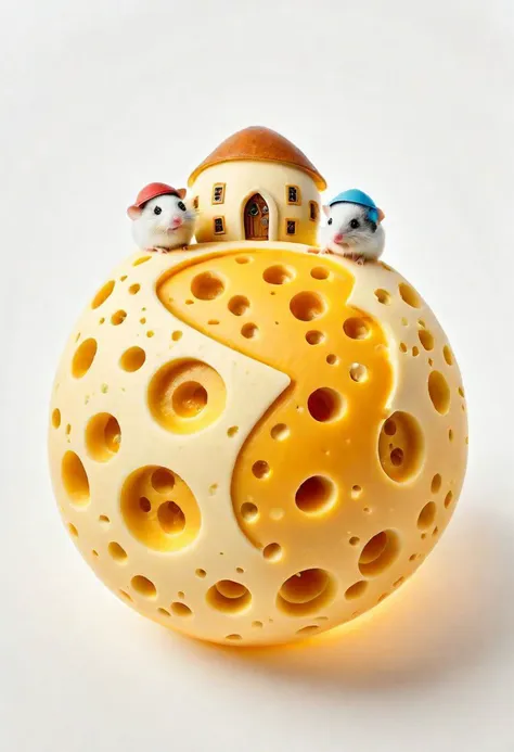 a small cheese planet floating in White space, edamer cheese with holes, little mice Houses on it