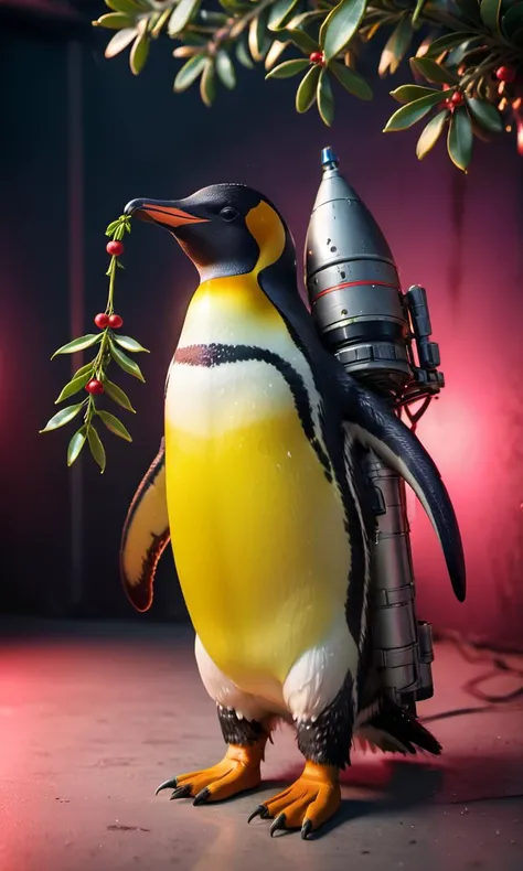 full body portrait in the color scheme of (neon yellow:1.4) (neon reddish_yellow:1.1) (neon pink:0.2) of a (PENGUIN:1.1) with (Mistletoe in hair:1.5) (call of duty military gear outfit:1.3), grand photograph, Polaroid, canon 5d mark 4, (yellow neon light background:1.2), kodak ektar, elaborate detail <lora:realistic_film_photography:0.75> realistic film photography <lora:mistletoe_mercenaries:0.6> mistletoe mercenaries <lora:add-detail-xl:0.7>, subsurface scattering, ultra hd, 4k, high def, Photorealistic, Hyperrealistic, Hyper detailed, analog style, realistic, masterpiece, best quality, ultra realistic, 8k, Intricate, High Detail, film photography, soft lighting, heavy shadow