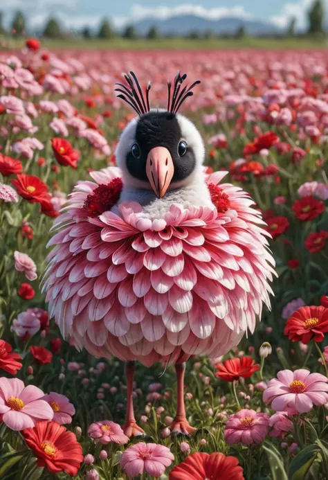 An adorable ladybug flamingo hybrid creature with  flower petal-like feathers in a field of pink and red flowers, hyperrealistic