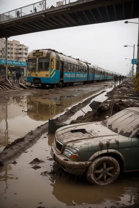(((masterpiece, best quality, highres, ultra detailed))), post-apocalypse, hardcore, ruined megapolis, post-apocalypse, hardcore, raining, photo of a crowd gathering in a ruined megapolis, mutants, raining, on a post-apocalyptic world's streets, old broken clothes, inside mud pit, (crowded street, crowded station background) BREAK
(covered by [mud and dirt and dried dirt and dried mud, and brown paint]:1.2), old rugged car
