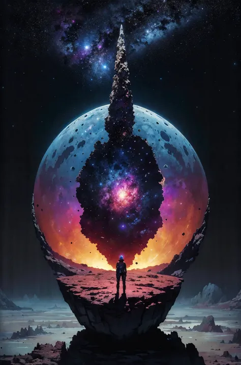 (masterpiece:1.2), (photo of a lone futursitic entity, their spacesuit reflecting the nebulae and distant galaxies, on the edge of a crater on a desolate moon, A lone flower, a vibrant splash of color against the grey landscape grows from a crack in the rock:1.1), (art by Karel Thole:1.4), (close-up shot:1.1), (hyperdetailed:1.1), (intricate details:1.0), (Refined details:1.1), (best quality:1.1), (high resolution:1.2)