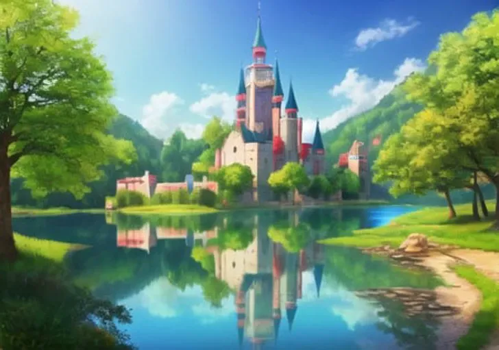 best quality, fantasy medieval castle, vibrant colours, red and blue palette, lake with reflection, forrest in background, masterpiece, best quality, HDR, high quality, high-definition, CG, extremely detailed