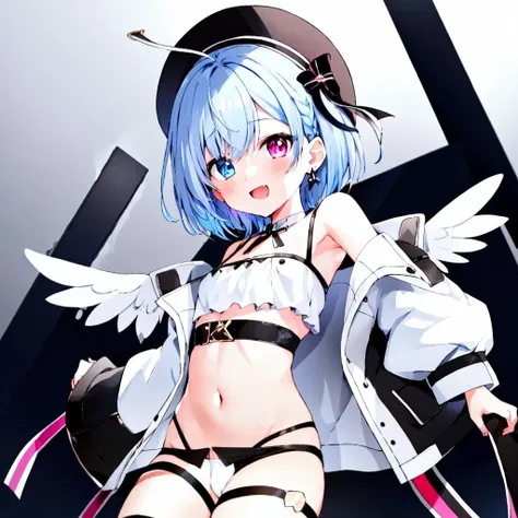 amemiya nazuna,solo,1girl,<lora:amemiya nazuna:0.7>,1girl, shorts, heterochromia, wings, fang, halo, hat, angel wings, virtual youtuber, white headwear, navel, black shorts, short shorts, frilled shirt, cleavage cutout, blue eyes, clothing cutout, looking at viewer, short hair, white hair, thigh strap, shirt, skin fang, panty straps, solo, pink eyes, ribbon, white shirt, frills, open mouth, jacket, panties, breasts, multicolored hair, small breasts, braid, single wing, angel, black panties, white jacket, underwear, smile, long sleeves, detached wings, open clothes, crop top, white background, simple background, off shoulder, jewelry, pink hair, :d, blush, midriff, beret, earrings, cleavage, eyes visible through hair, micro shorts, sleeves past wrists, black ribbon, key, highleg panties, thighs, belt, cowboy shot